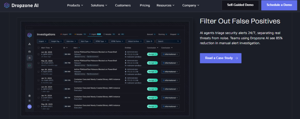 Dropzone AI investigations dashboard filtering out false positives with 85% less manual triage