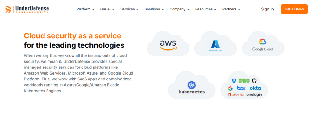 UnderDefense cloud security as a service across AWS, Azure, Google Cloud, and Kubernetes environments