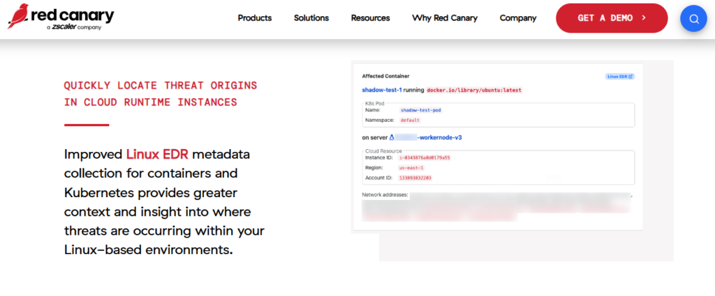 Red Canary Linux EDR view locating container and Kubernetes threat origins in cloud runtime instances