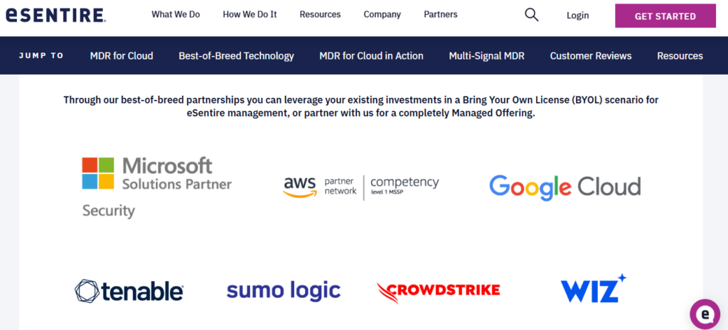 eSentire MDR for Cloud partner logos including Microsoft, AWS, Google Cloud, Sumo Logic, CrowdStrike, and Wiz