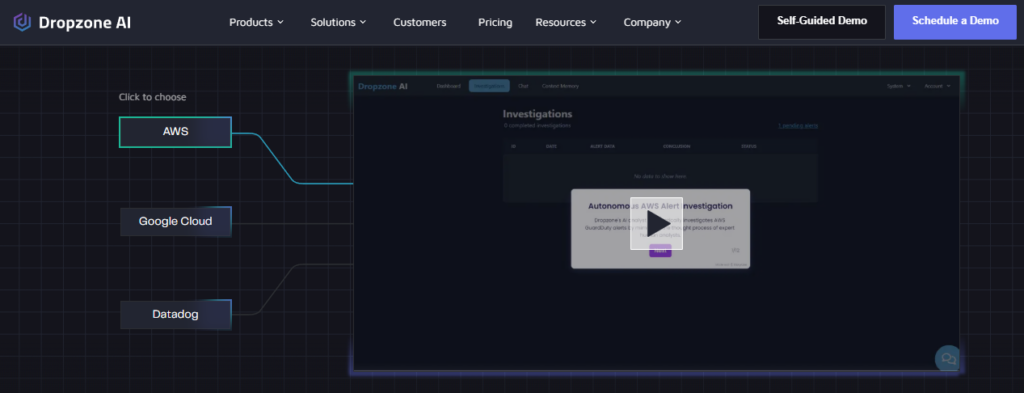 Dropzone AI dashboard running an autonomous AWS GuardDuty alert investigation across AWS, Google Cloud, and Datadog integrations
