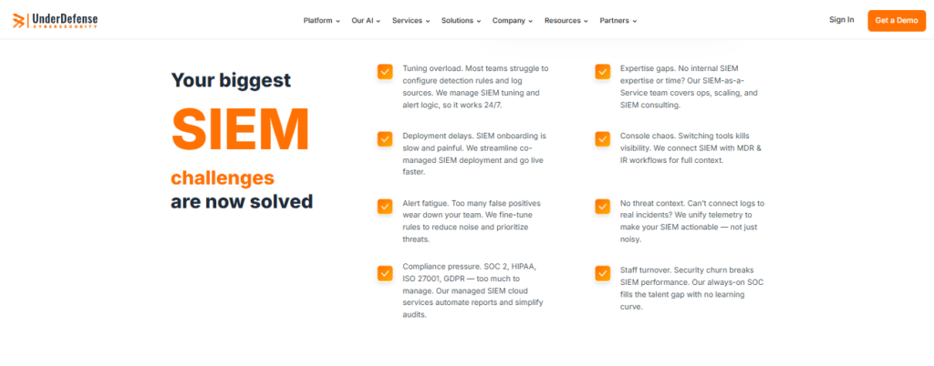 UnderDefense frames tuning overload, alert fatigue and audit pressure as co-managed SIEM problems it resolves