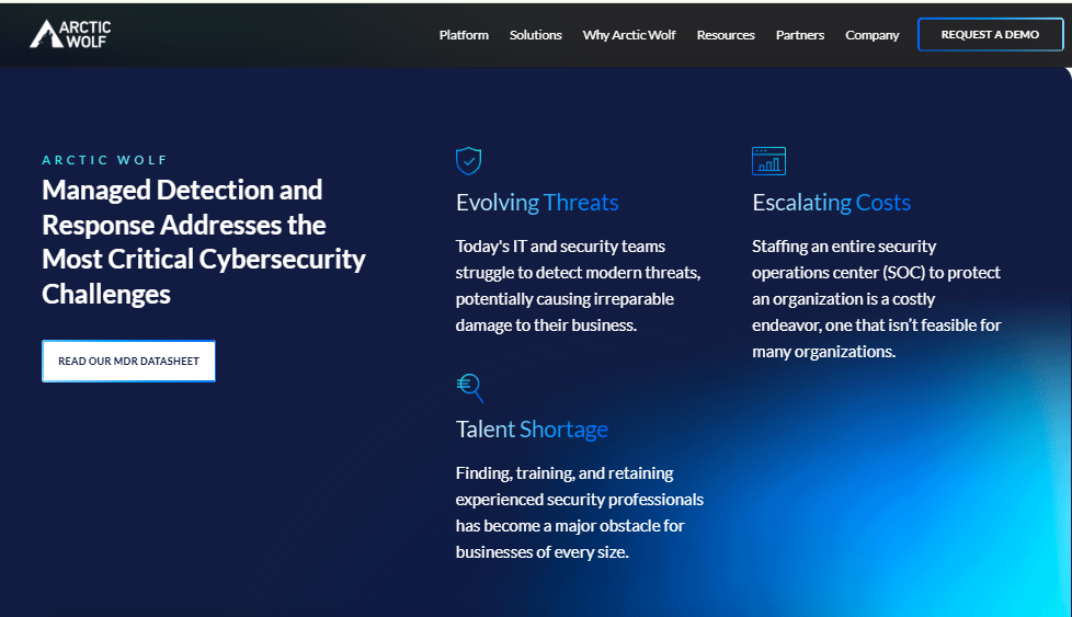 Arctic Wolf MDR page describing evolving threats, escalating SOC costs and cybersecurity talent shortage