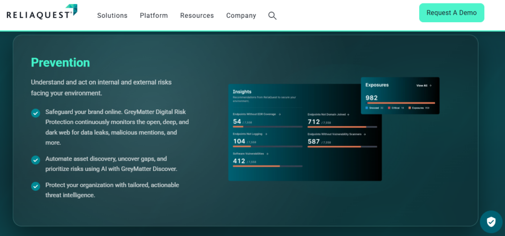ReliaQuest GreyMatter prevention dashboard listing endpoint coverage gaps, logging gaps and software vulnerabilities