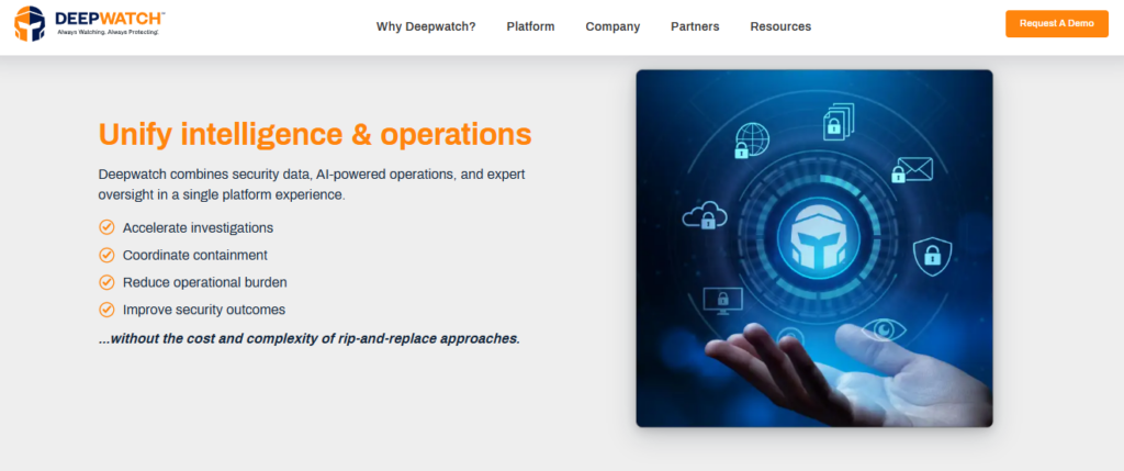Deepwatch platform page promoting unified security data, AI-powered operations and expert oversight without rip-and-replace
