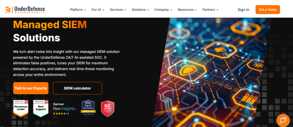 UnderDefense Managed SIEM page with 24/7 AI-assisted SOC, SIEM calculator, and Gartner Peer Insights badges