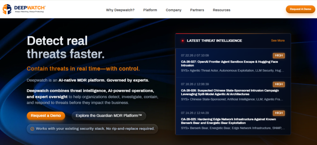 Deepwatch homepage promoting AI-native MDR with expert oversight and existing security stack compatibility