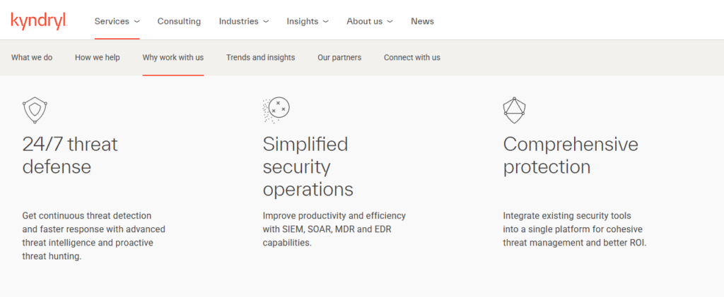 Kyndryl security services page highlighting 24/7 threat defense with SIEM, SOAR, MDR, and EDR