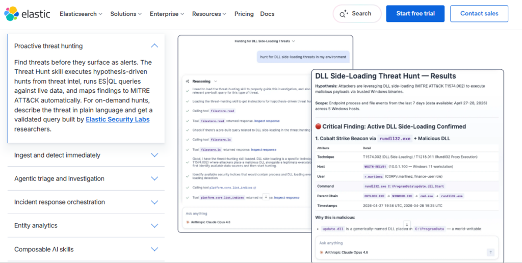 Elastic Security threat hunting interface running ES|QL queries with agentic triage and MITRE ATT&CK mapping