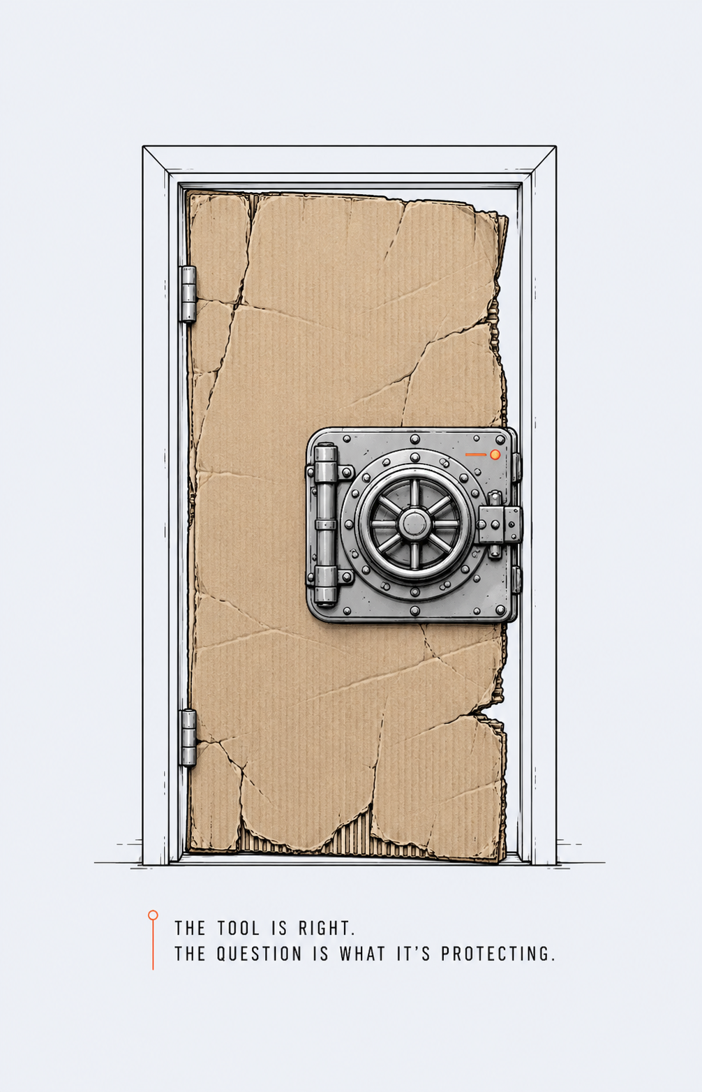 A heavy-duty vault lock mounted on a flimsy cardboard door, illustrating the gap between security tools in place and what they actually protect.