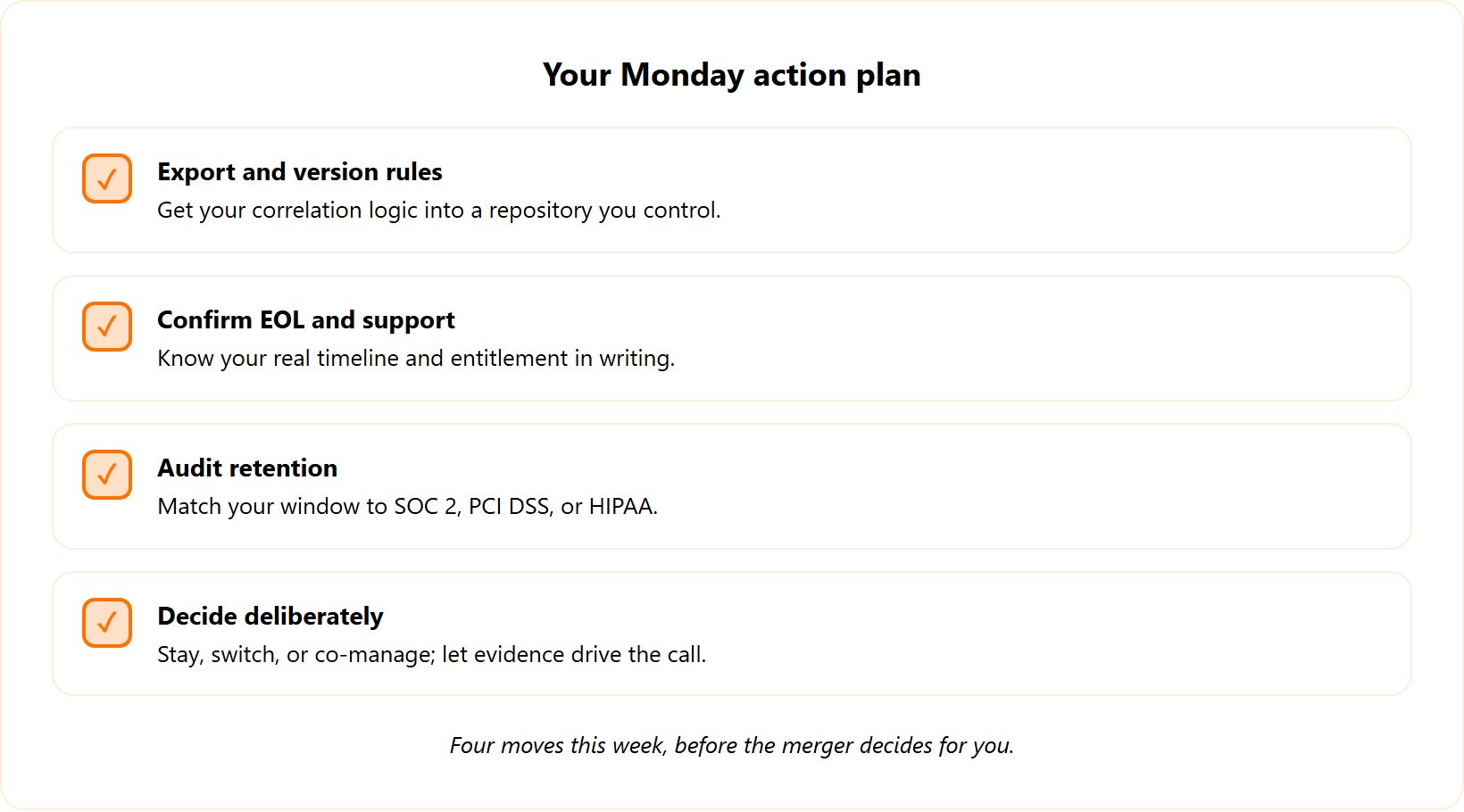 Four-step Monday action plan: export rules, confirm EOL, audit retention, decide deliberately