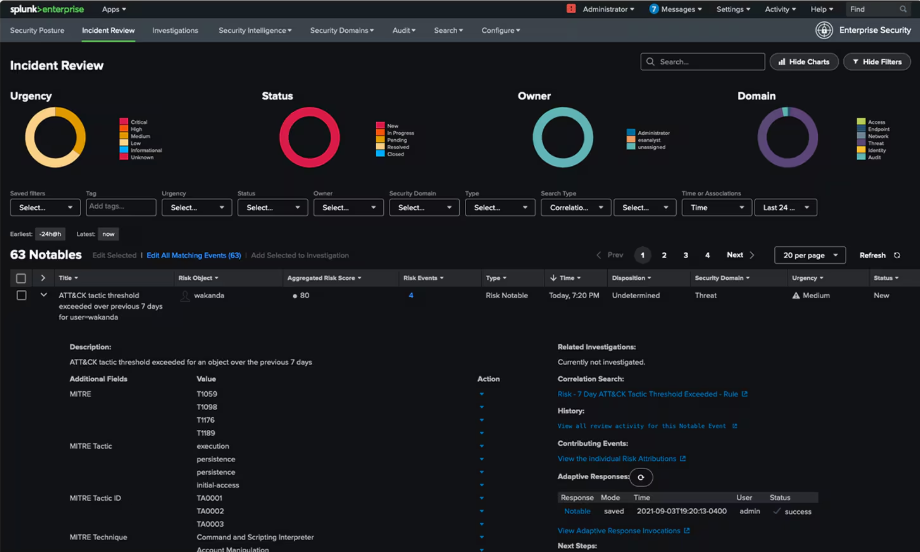 Splunk Enterprise Security incident review dashboard correlating IT and OT telemetry for manufacturing AI SOC deployments