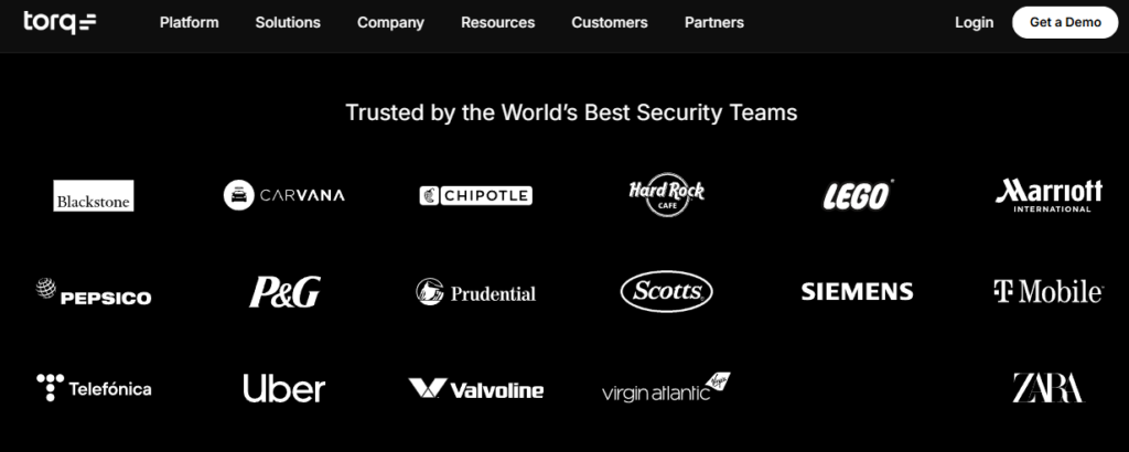 Torq hyperautomation platform trust page showing enterprise logos like Lego, Siemens, T-Mobile, Uber, and Marriott.