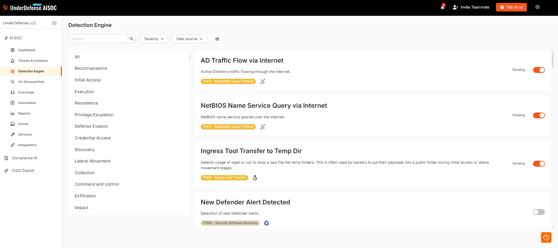 UnderDefense incidents queue showing live triage of detected threats with severity and status