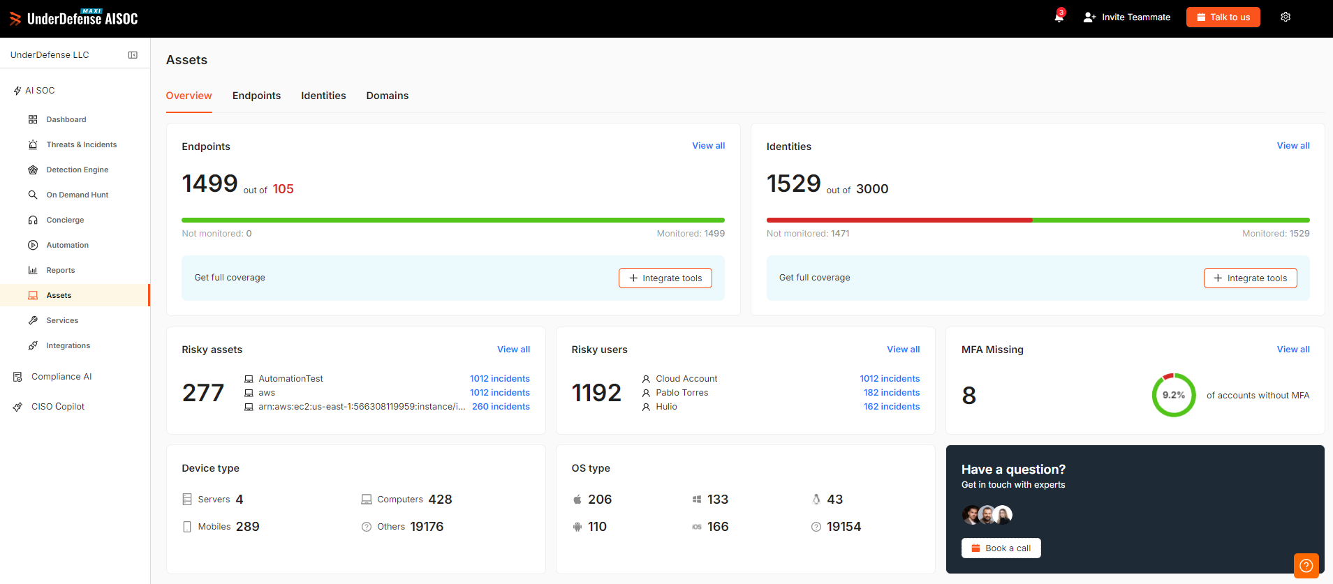 UnderDefense ROI dashboard showing analyst time saved, cost saved, and false-positive vs true-positive trend
