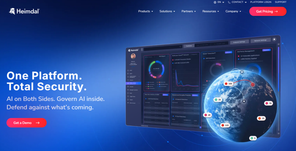 Heimdal unified XDR platform homepage showing One Platform Total Security messaging and threat detection dashboard