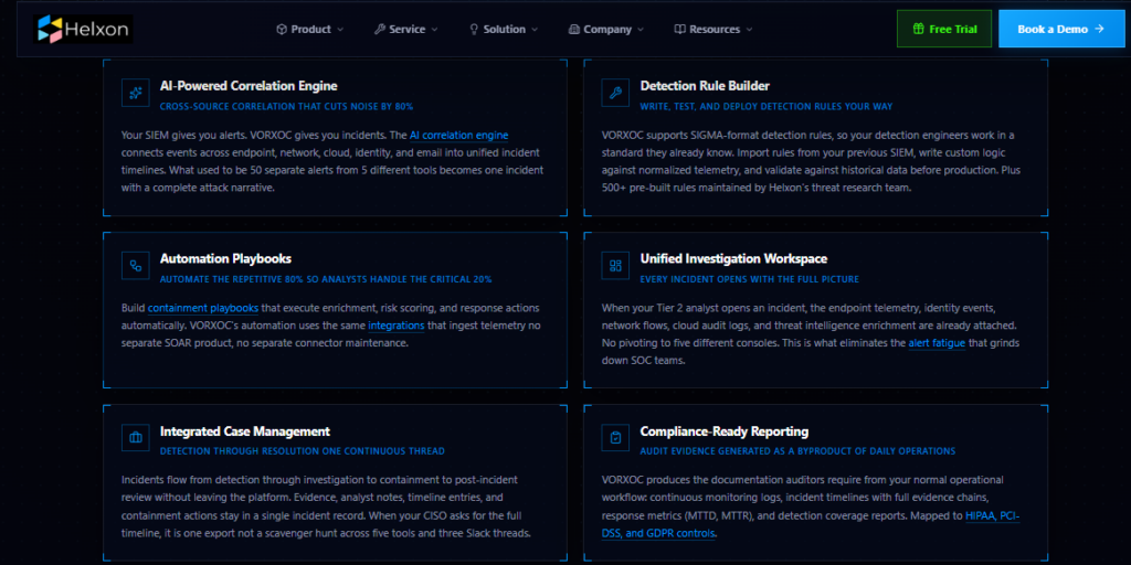 Helxon VORXOC AI SOC platform consolidating detection, SOAR automation, and case management in one workspace