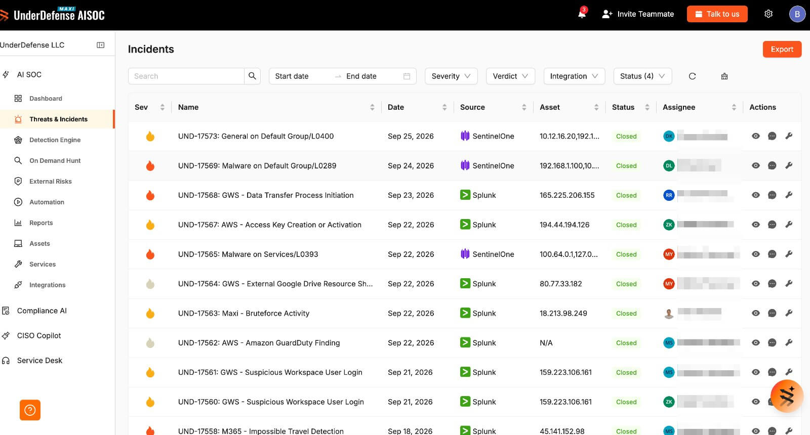 All incidents — searchable and exportable