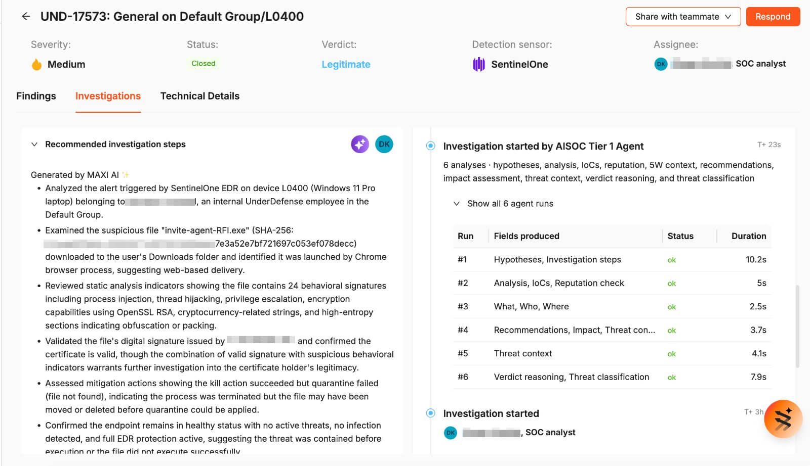 Investigation — every AI run and analyst step
