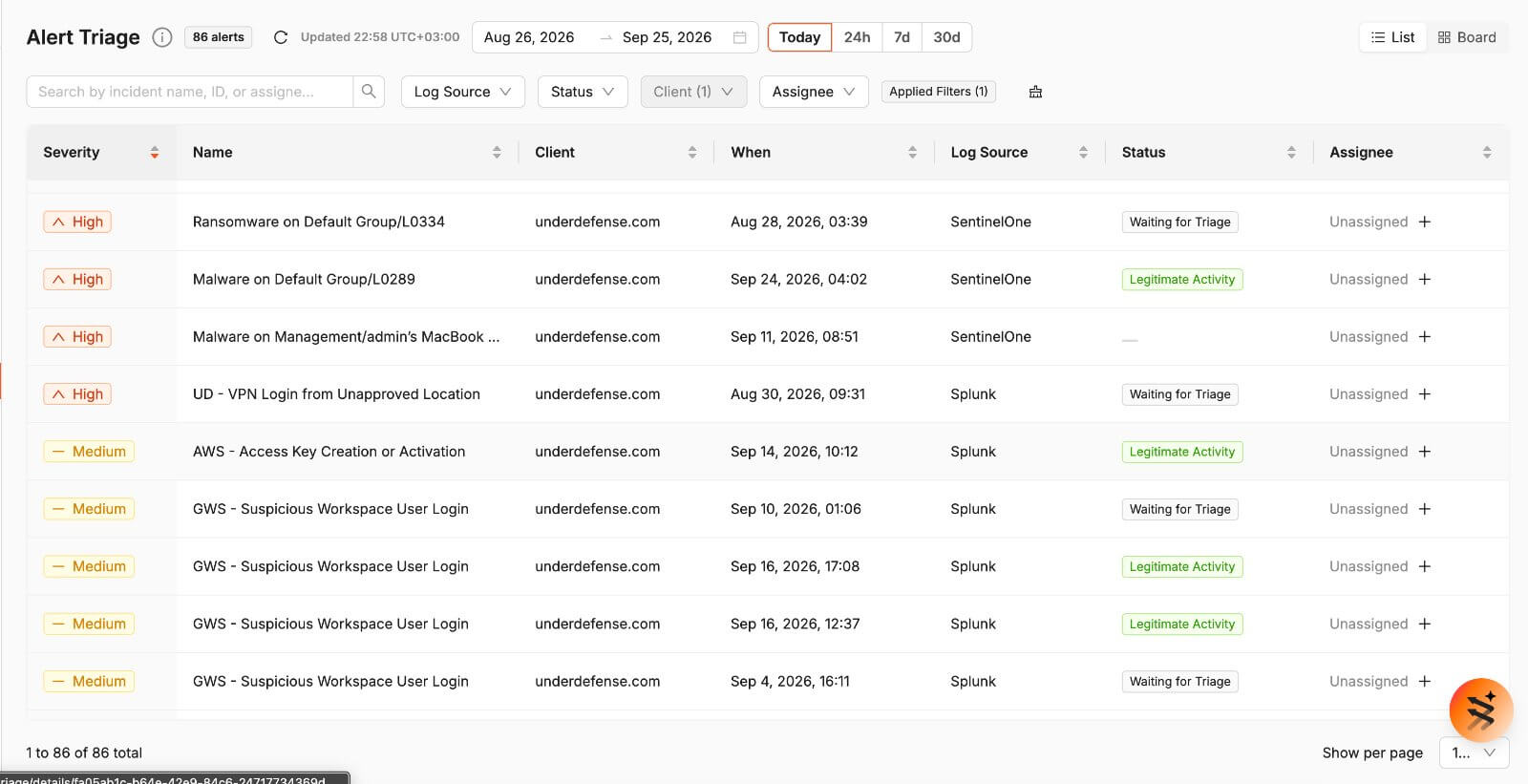 Alert Triage list view