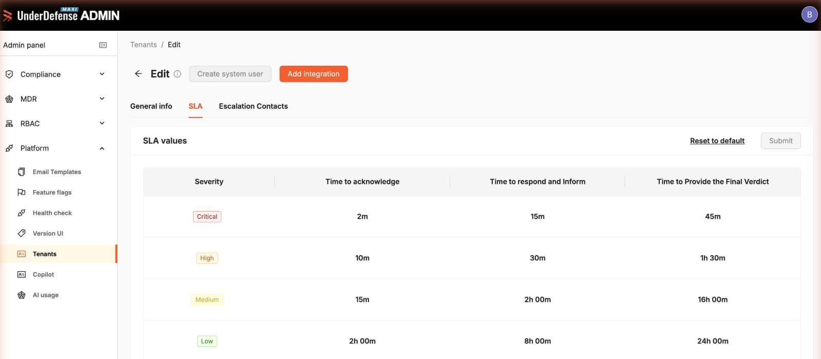 SLA values per tenant