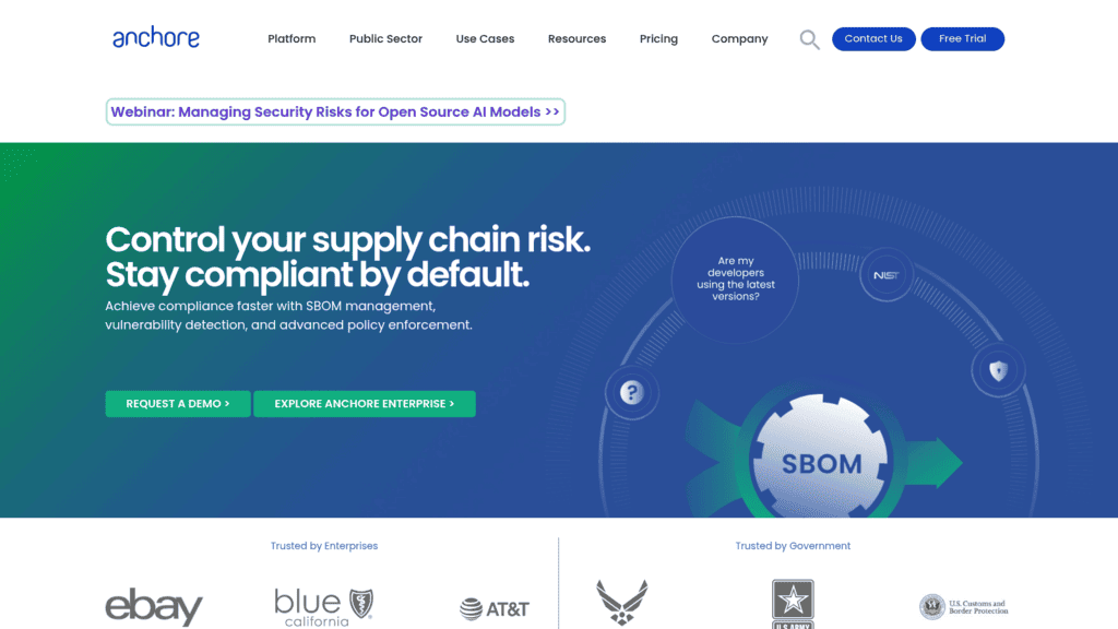 Anchore homepage, one of the best SBOM tools, promising supply chain risk control and compliance by default
