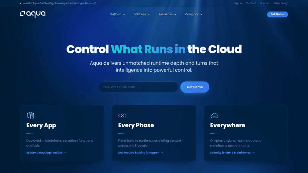 Aqua Security homepage, a vulnerability scanner for cloud workloads, headlined Control What Runs in the Cloud
