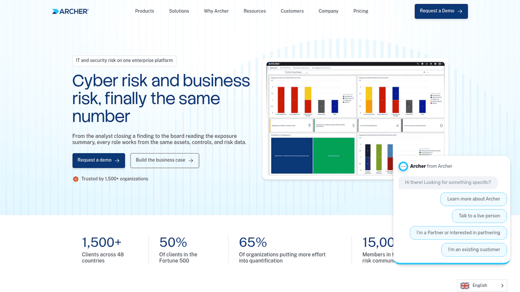Archer homepage, an IT risk management tool for IT and security risk on one platform, with risk charts per business unit