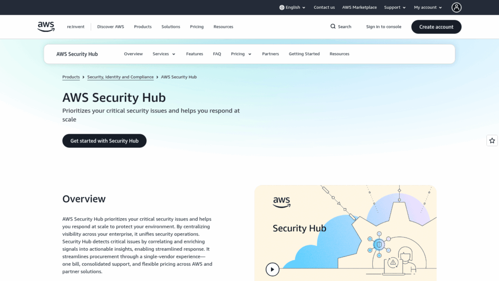 AWS Security Hub product page, a CSPM tool that prioritizes critical security issues across AWS accounts