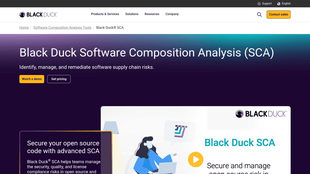 Black Duck SCA product page, an SBOM tool to identify, manage and remediate software supply chain risks, with a demo video