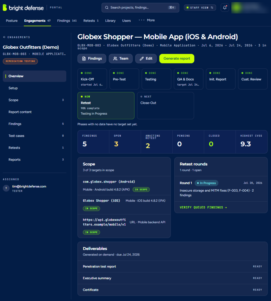 Bright Defense client portal showing a demo pentest engagement with phase tracker, findings counts, retest round and report deliverables