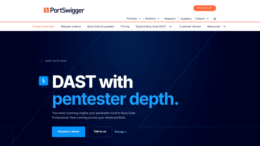 Burp Suite DAST product page by PortSwigger, a web vulnerability scanner promising DAST with pentester depth