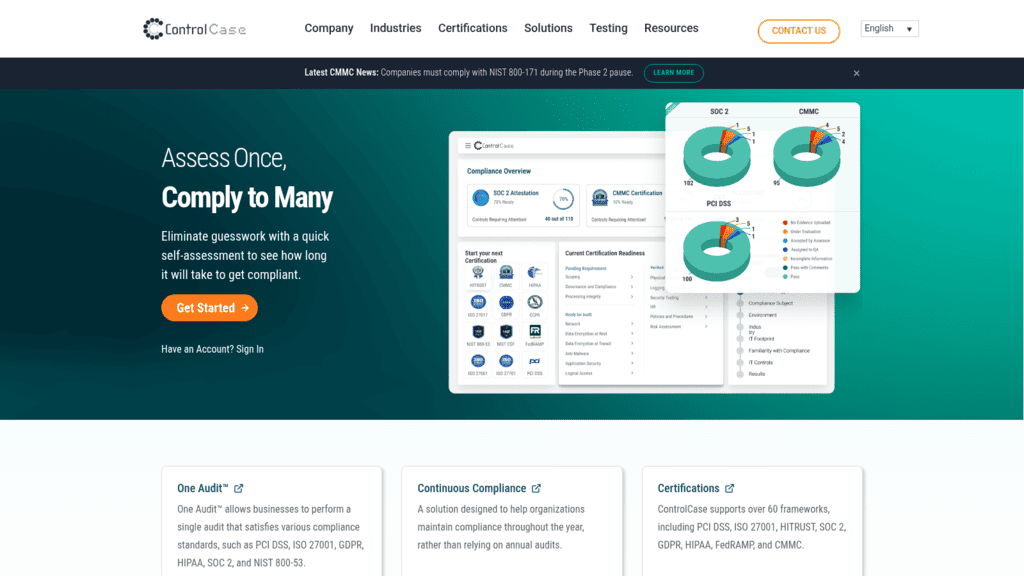 ControlCase homepage, PCI compliance software to assess once and comply to many, with SOC 2, CMMC and PCI DSS charts