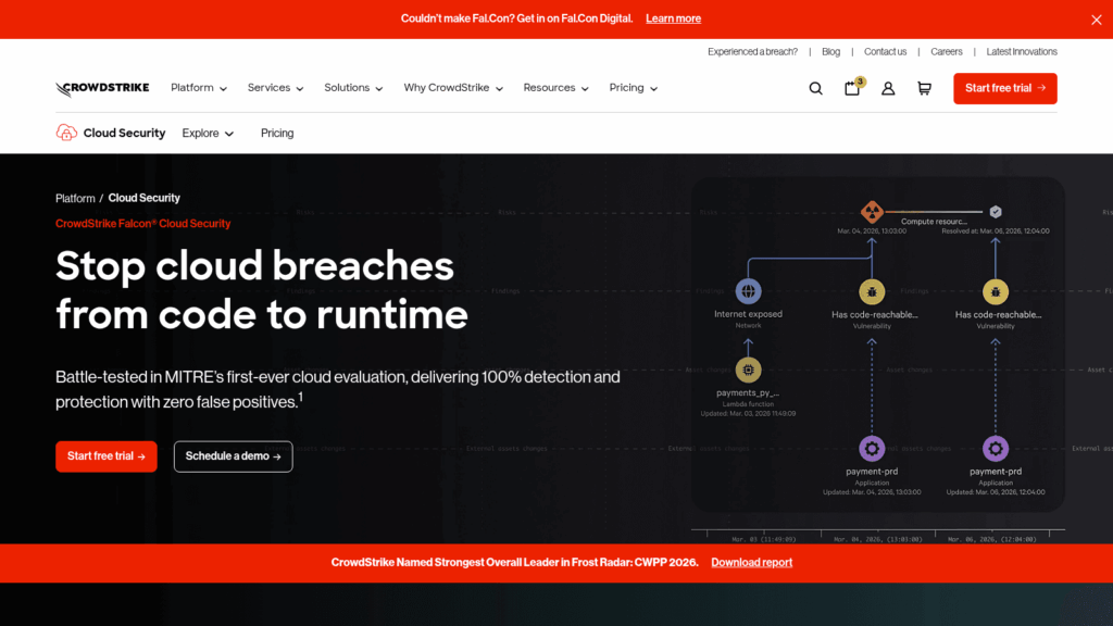 CrowdStrike Falcon Cloud Security page with an attack path from an internet-exposed Lambda function to payment apps