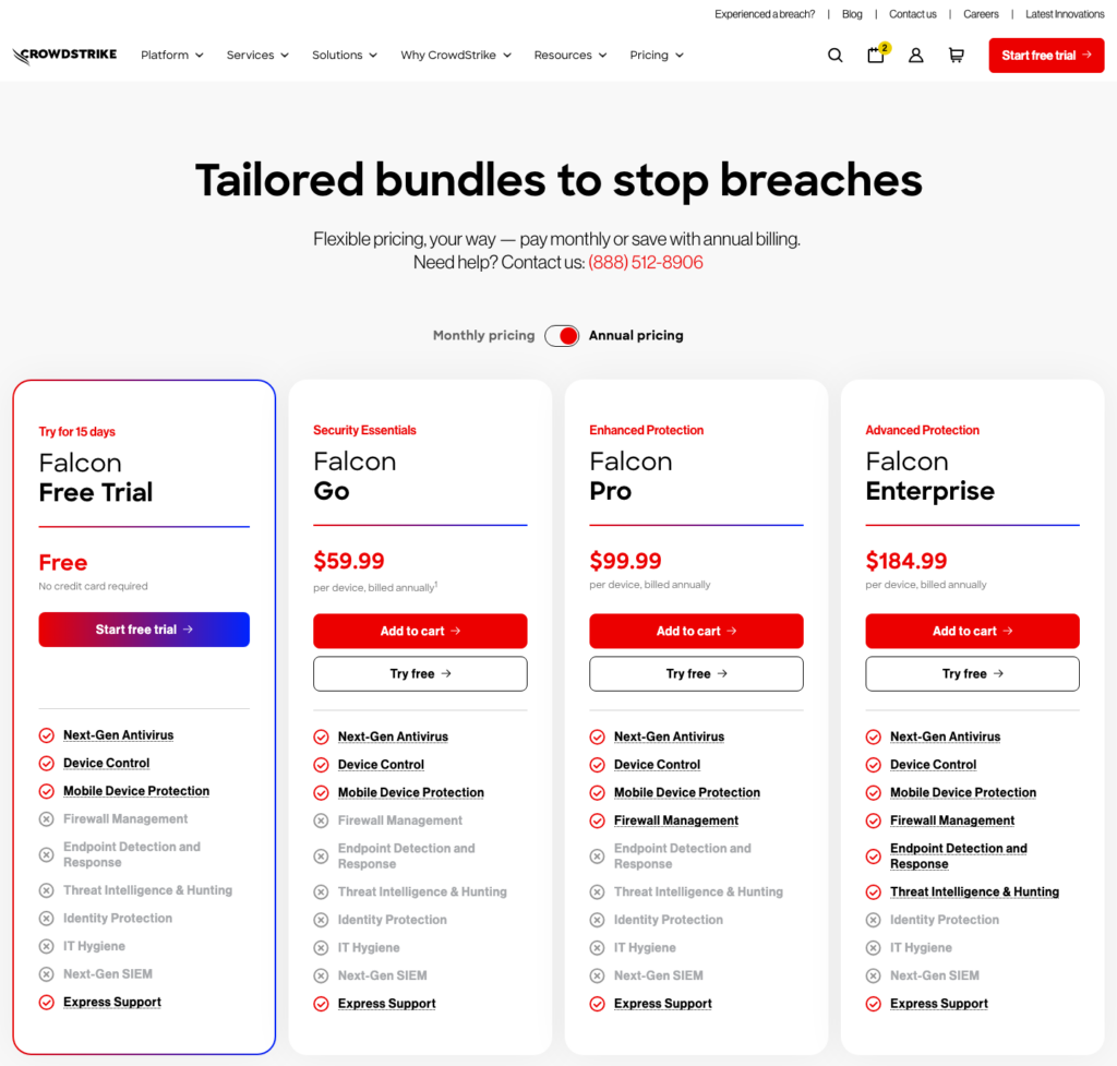 CrowdStrike Falcon pricing page showing Falcon Go, Pro and Enterprise annual prices per device