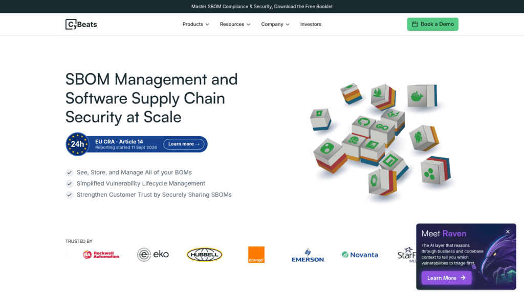 Cybeats homepage, an SBOM tool for SBOM management and supply chain security at scale, with an EU CRA Article 14 badge