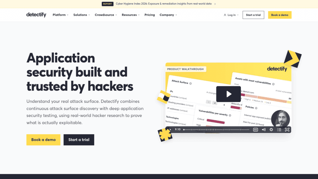 Detectify homepage, a vulnerability scanner for application security, with an attack surface product walkthrough video