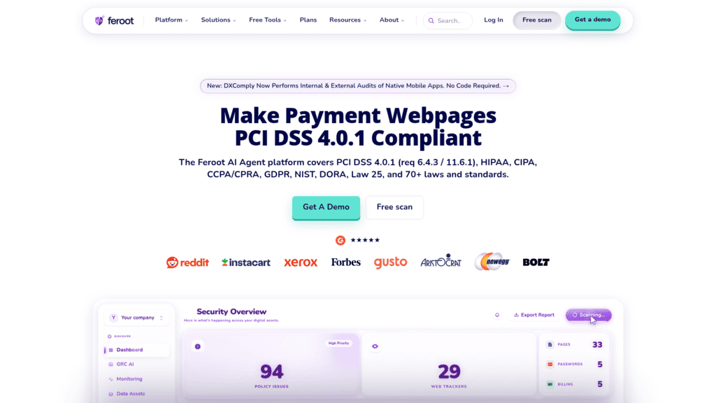 Feroot homepage, PCI compliance software for making payment webpages PCI DSS 4.0.1 compliant, with a security overview