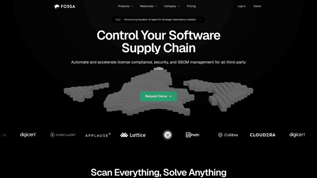 FOSSA homepage, an SBOM tool that automates license compliance, security and SBOM management for third-party code