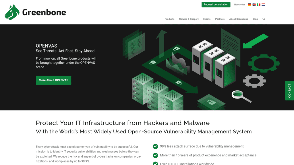 Greenbone homepage, an open source vulnerability scanner, announcing that all products now sit under the OPENVAS brand