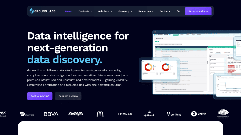 Ground Labs homepage, PCI compliance software for data discovery, with an Enterprise Recon scan finding card number files