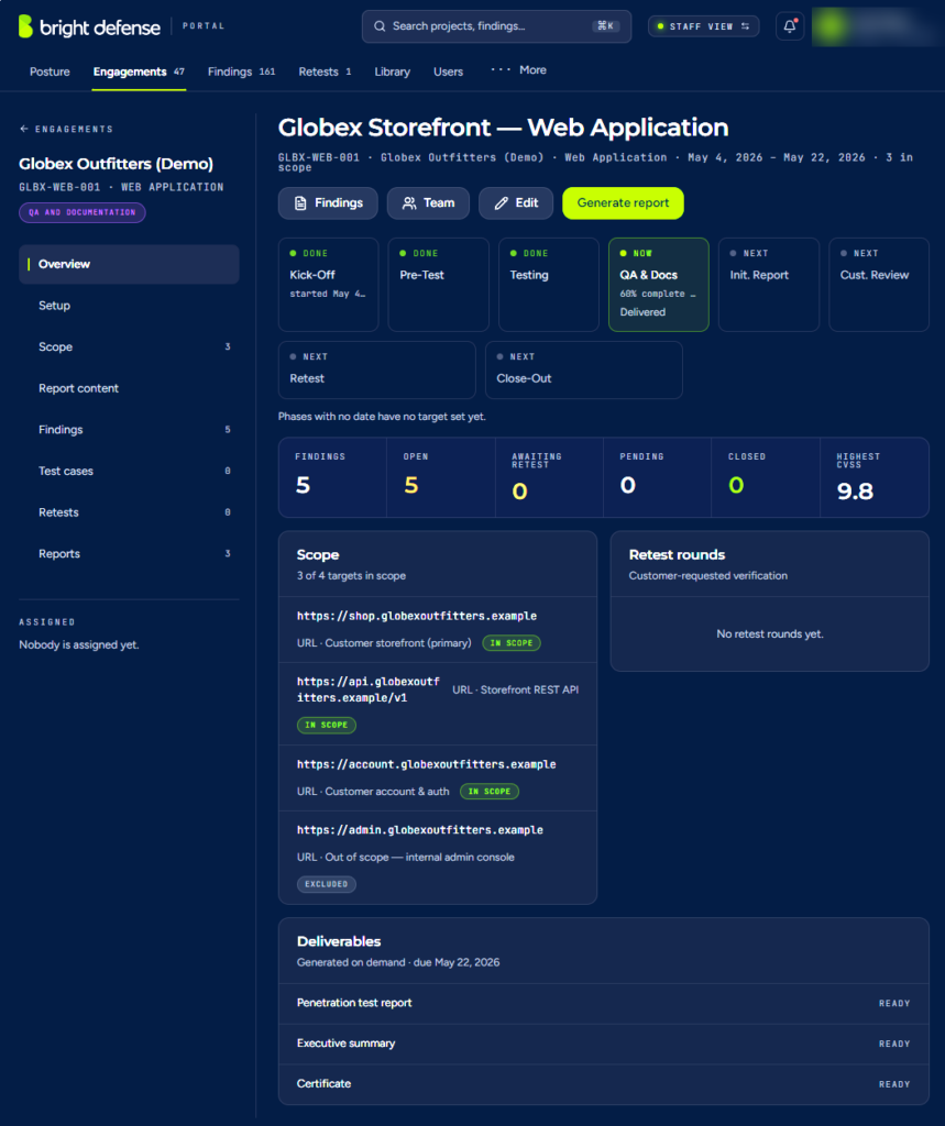Bright Defense penetration testing plans with compliance and vCISO support