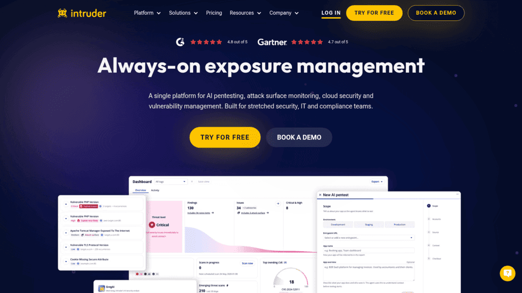 Intruder homepage, a vulnerability scanner for always-on exposure management, with a findings dashboard and AI pentest form