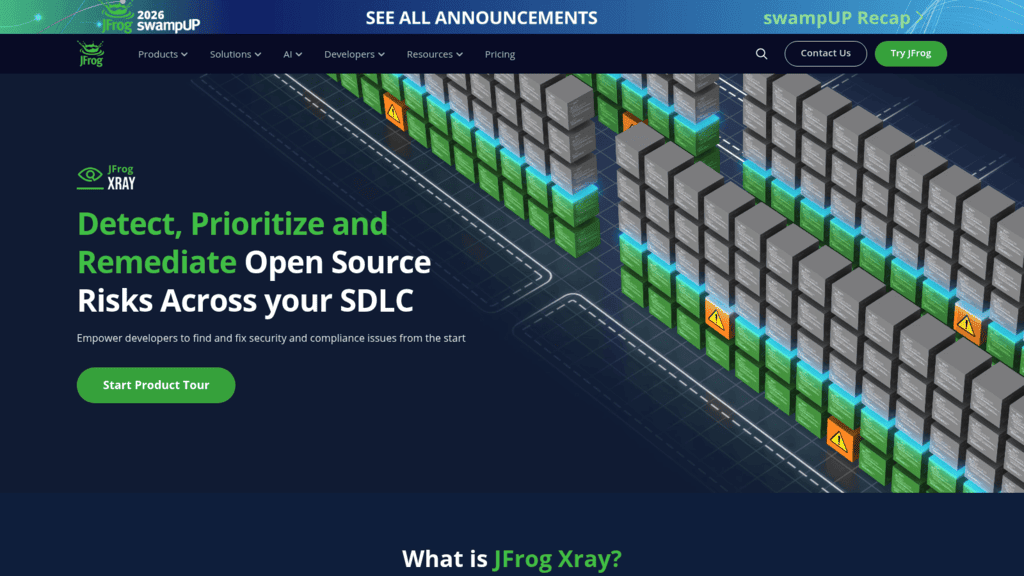 JFrog Xray product page, an SBOM tool to detect, prioritize and remediate open source risks across the SDLC