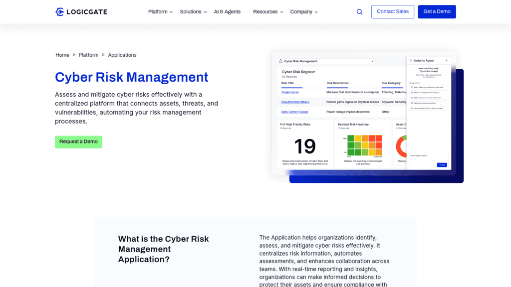 LogicGate Cyber Risk Management page, an IT risk management tool with a cyber risk register and residual risk heatmap