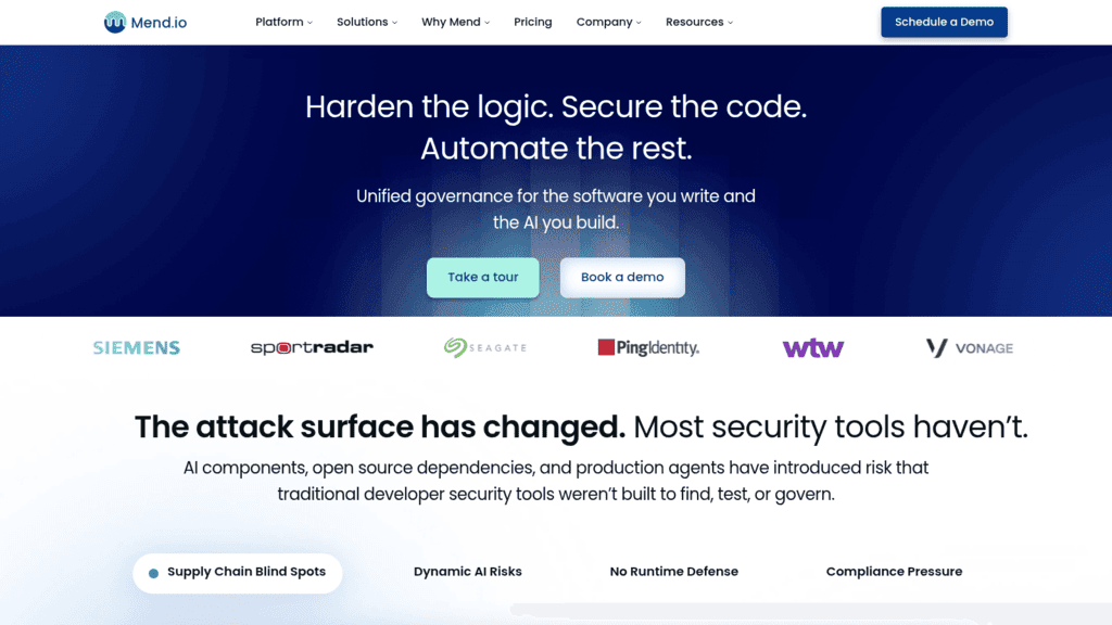 Mend.io homepage, one of the best SBOM tools, promising unified governance for the code you write and the AI you build