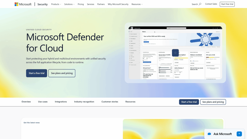 Microsoft Defender for Cloud page with a unified security dashboard showing Secure Score and device risk cards
