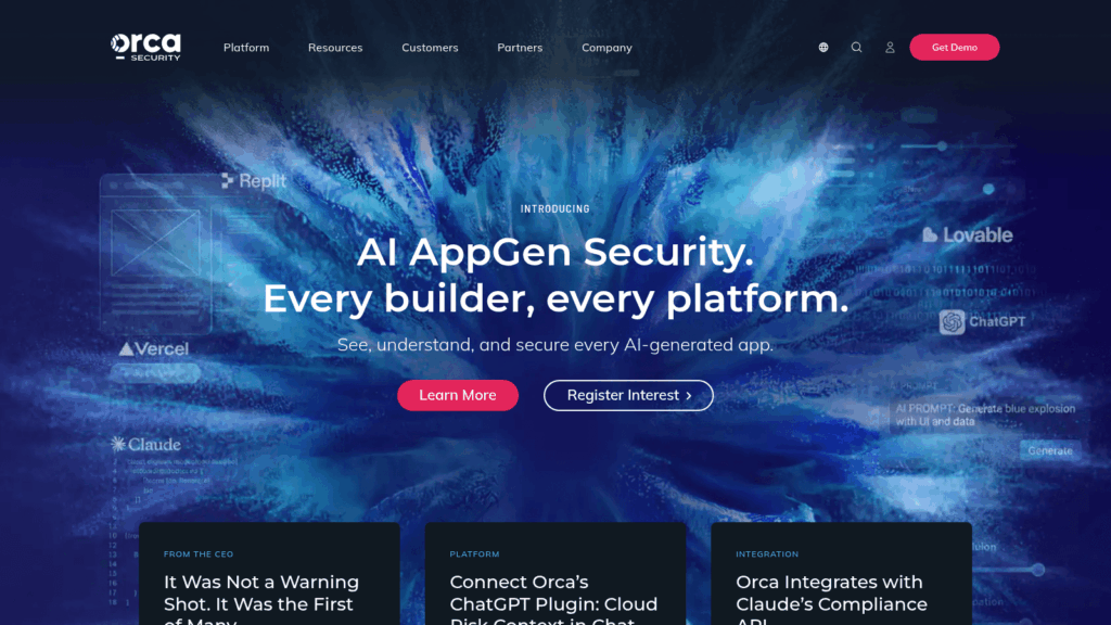 Orca Security homepage, an agentless CSPM tool, announcing AI AppGen Security for AI-generated apps