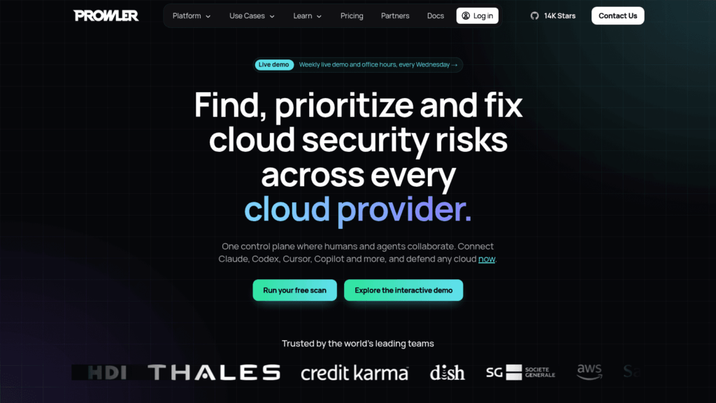 Prowler homepage, an open-source CSPM tool, promising to find, prioritize and fix risks across every cloud provider