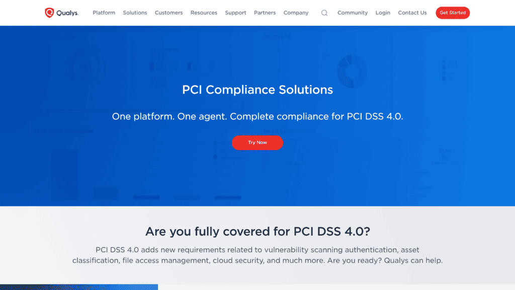 Qualys PCI Compliance Solutions page, PCI compliance software promising one platform and one agent for PCI DSS 4.0